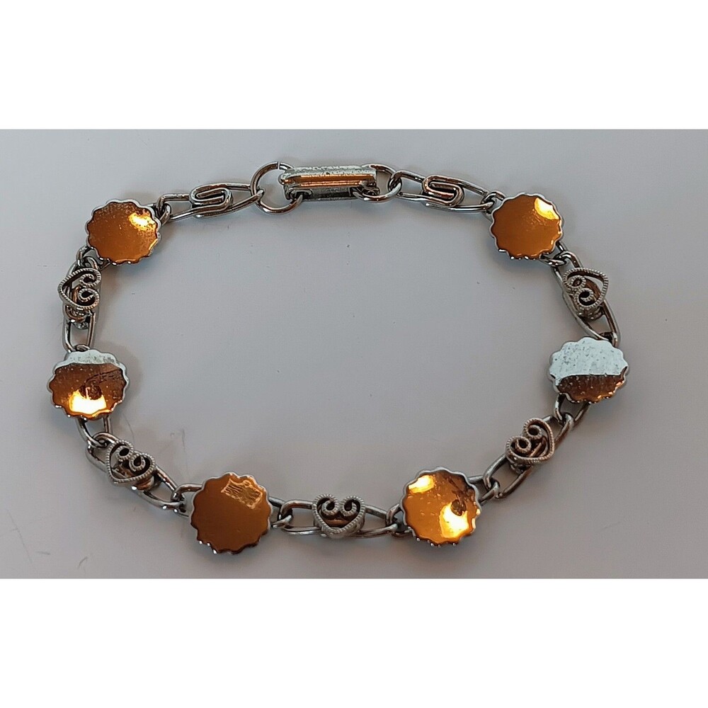 Vintage Silvertone Filagree Heart & Sun Disk Bracelet 7.5 in